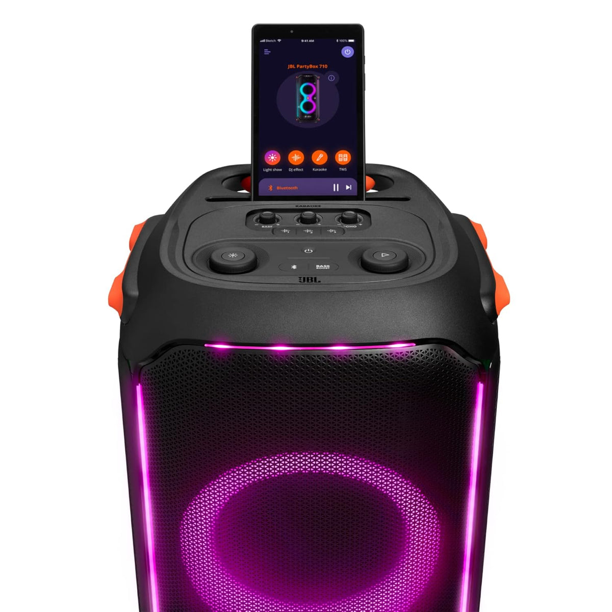 PartyBox 710 Bluetooth Party Speaker with Dynamic Music Synced Flashing Club Pattern Lightshow, Pro Sound, Splashproof, PartyBox App Personalisation,Guitar and Mic Input(800 Watt RMS, Black)⭐⭐⭐⭐⭐ (4.9/5)